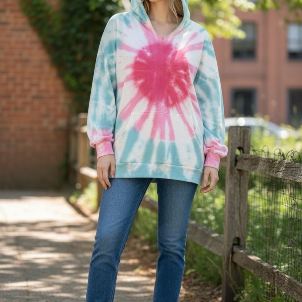 T-Party Pastel Pink Blue Tie-Dye Oversized Pullover Hoodie Size Large